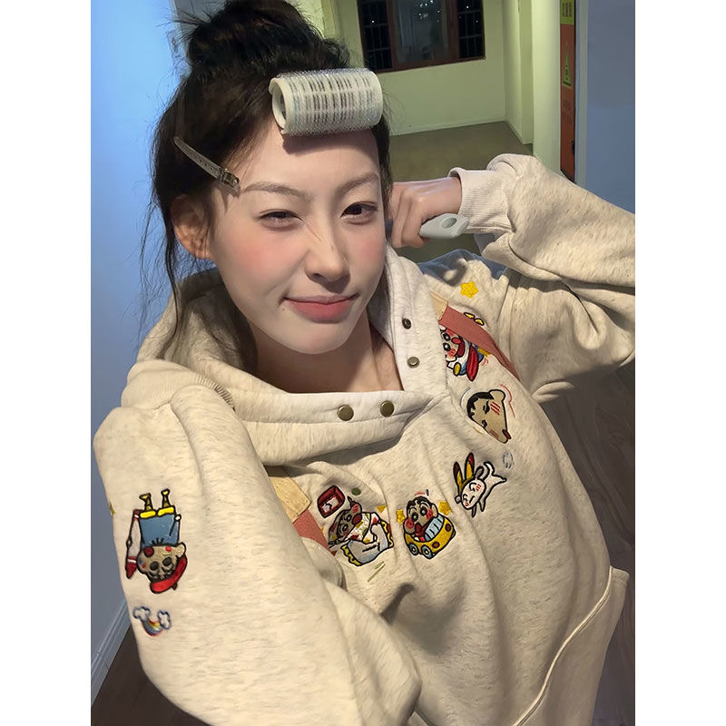 国潮牌美式卡通刺绣纽扣连帽卫衣女冬宽松慵懒风加绒加厚超火外套