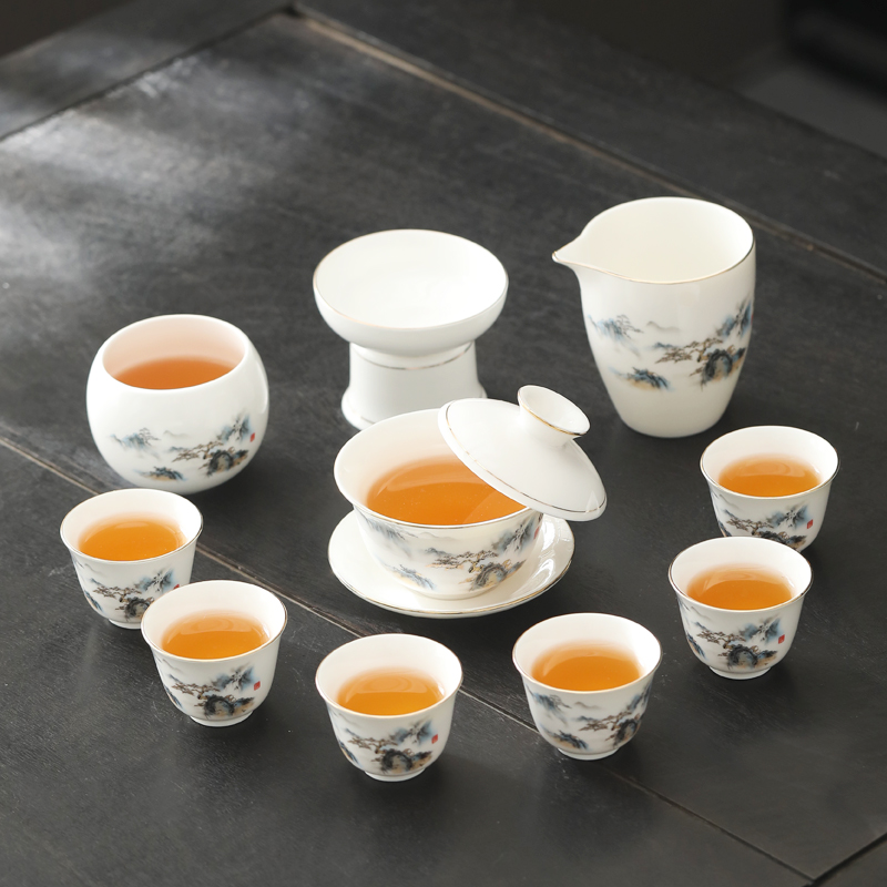 风生水起德化羊脂玉白瓷陶瓷功夫茶具套装办公家用悬停泡茶杯盖碗