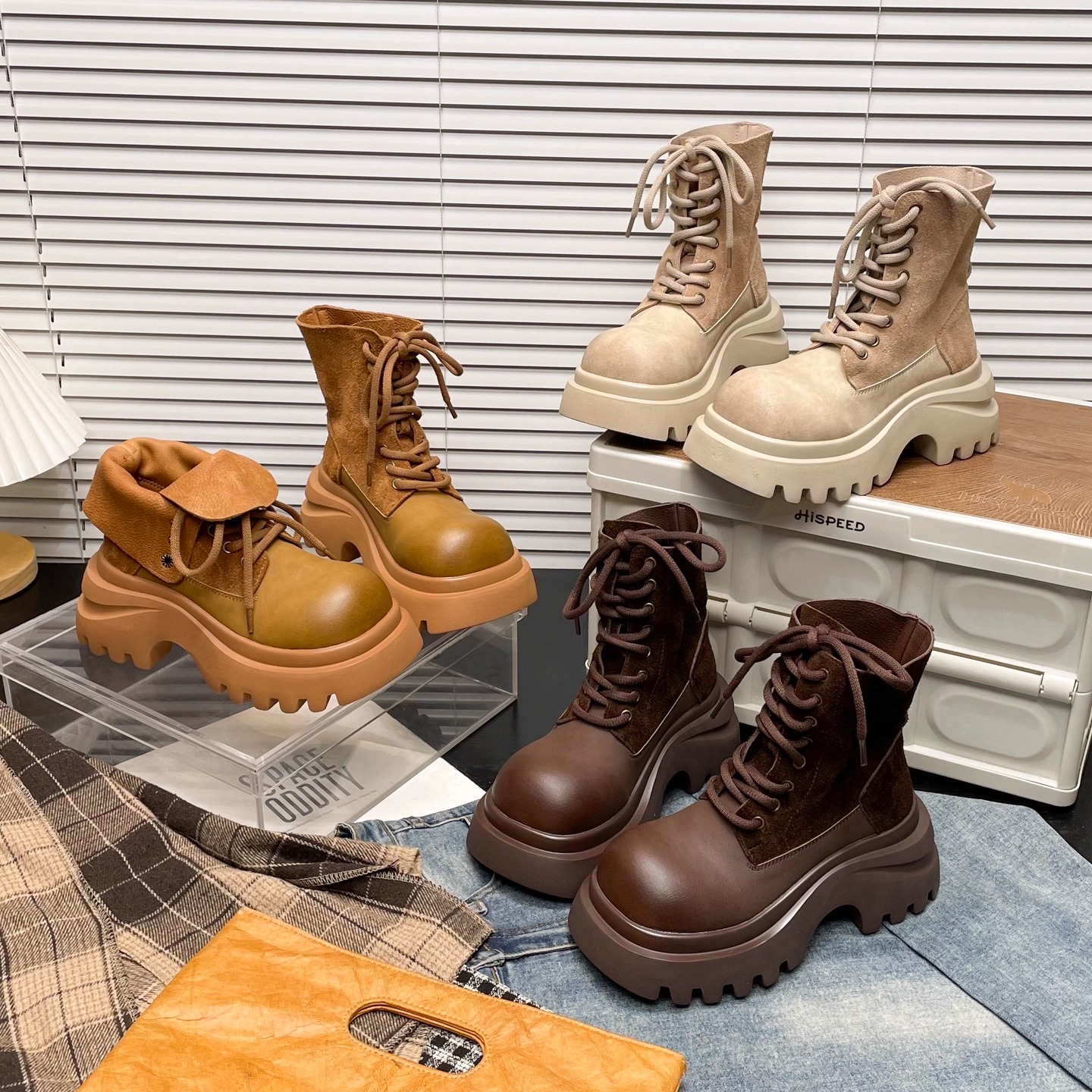 马丁靴女真皮系带翻领机车靴短靴工装靴两穿小个子7cm厚底大黄靴