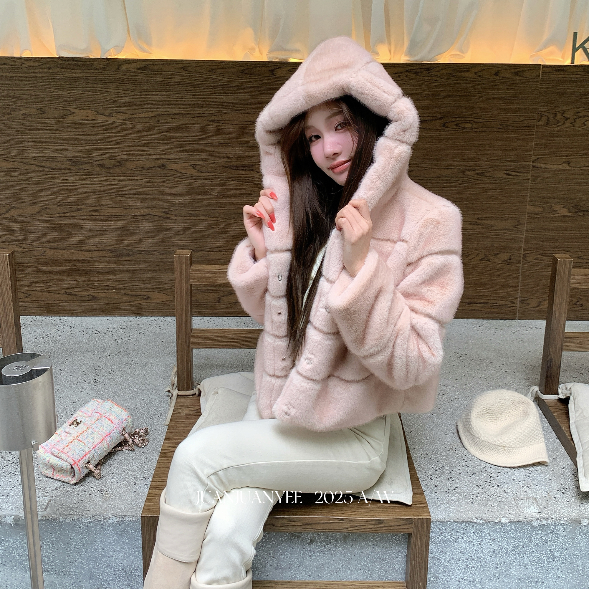 juanjuanyee【娇贵貂貂】环保毛毛外套粉白仿貂毛皮草外套女冬