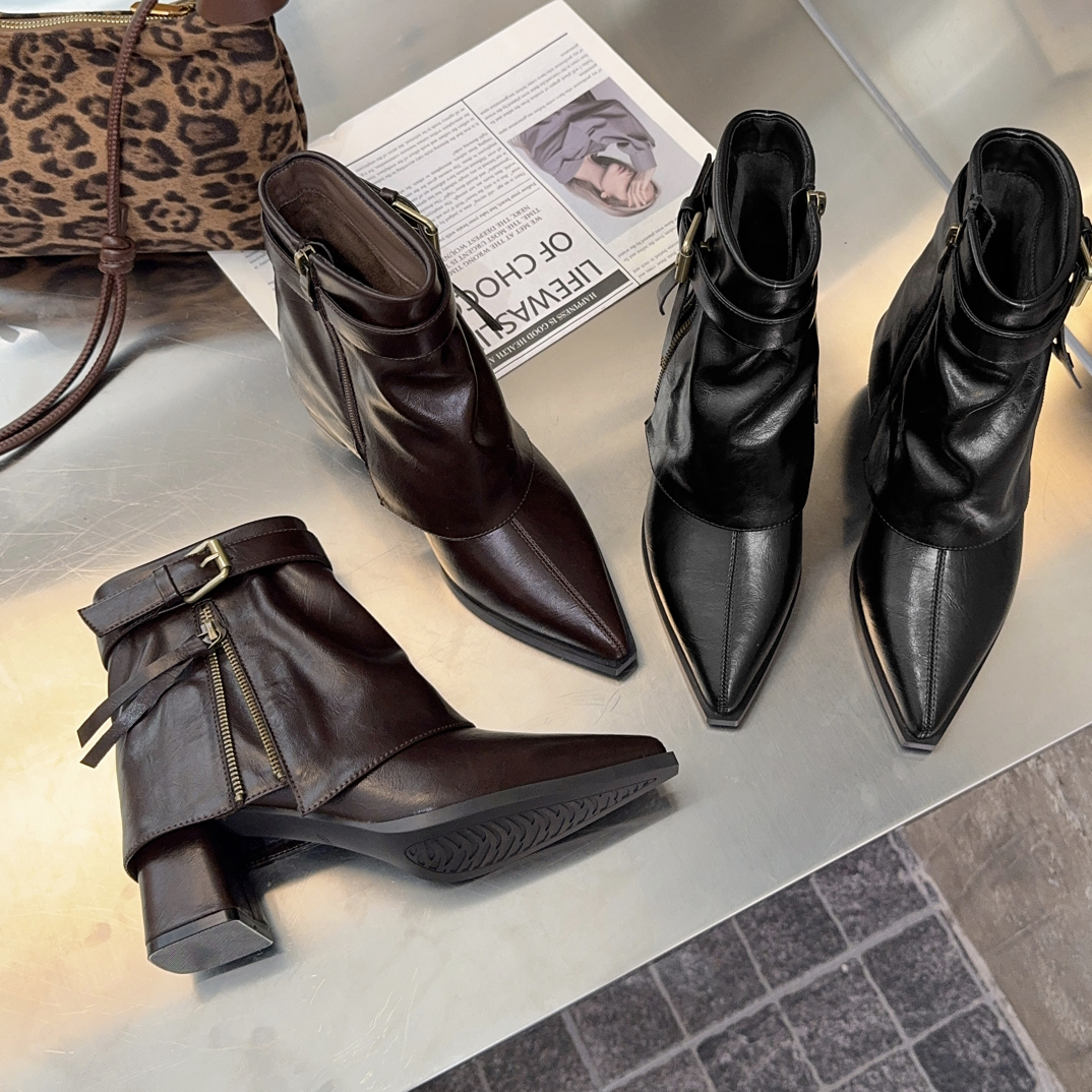 大清库！薄绒里软皮6cm方跟尖头气质短靴z2596-1