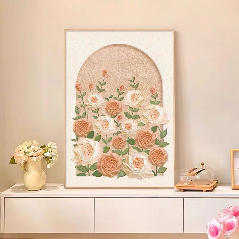 奶油风客厅沙发背景墙装饰画斗柜玫瑰花肌理餐厅卧室挂画5070