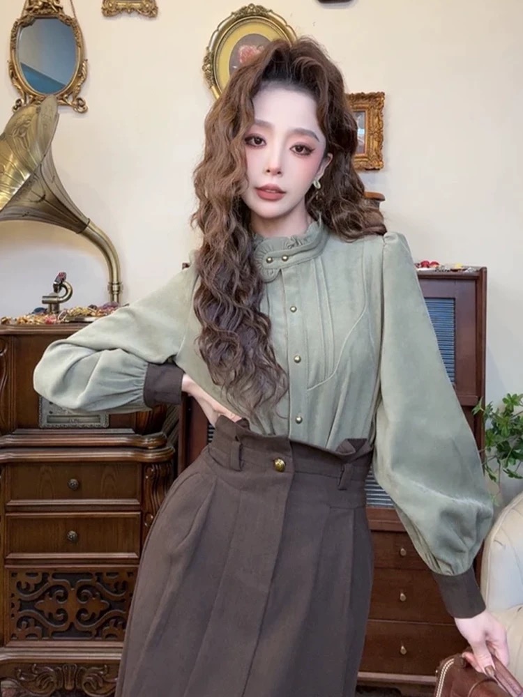 衬衫气质显瘦时尚法式复古女装设计感立领小众510