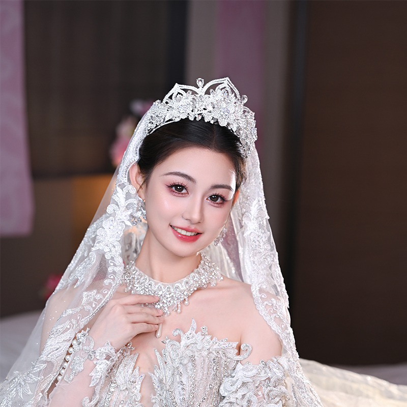 合金仿水晶婚庆饰品 00907新娘皇冠重工双层可拆卸立体花朵头饰