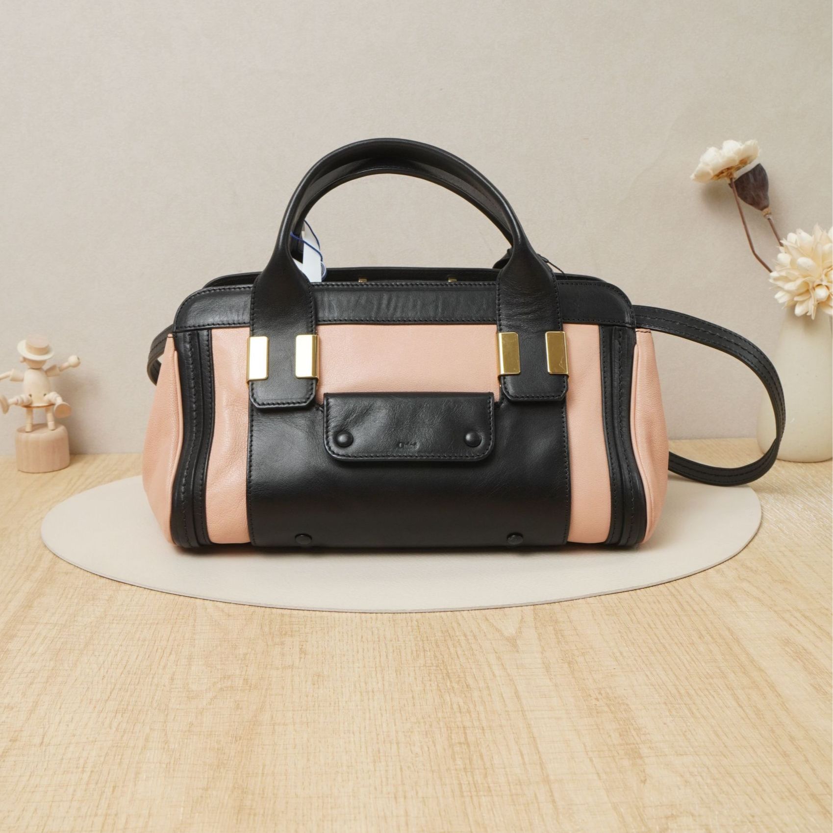 95新 Chloe/蔻依 蔻依中古手提包粉黑山羊皮/DS043511