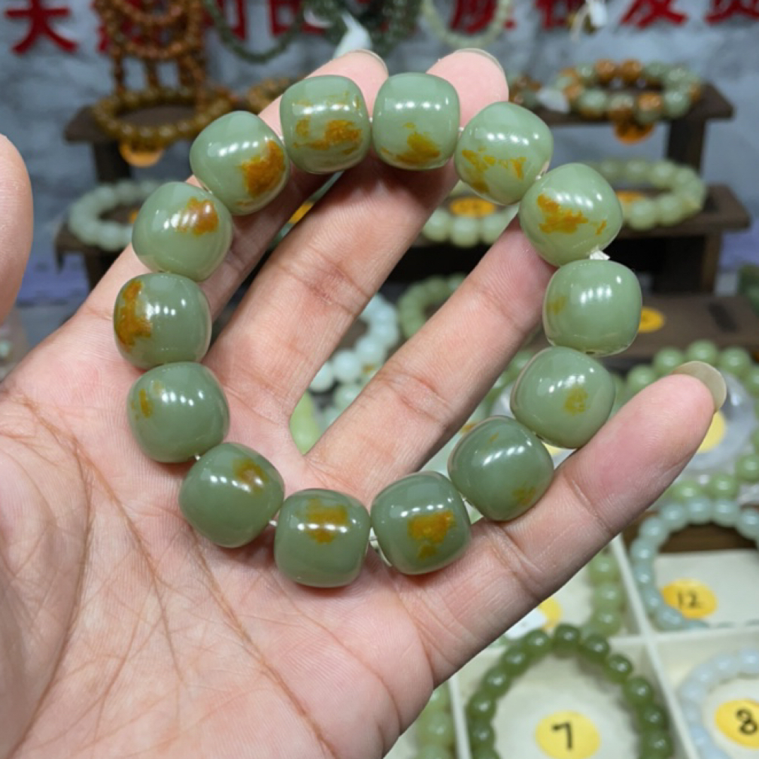 和田玉卡16手工老型珠手串简约设计带皮精品