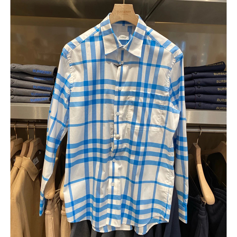 Burberry/博柏利 男女蓝色棉混纺格纹满印单排扣长袖衬衫情侣款