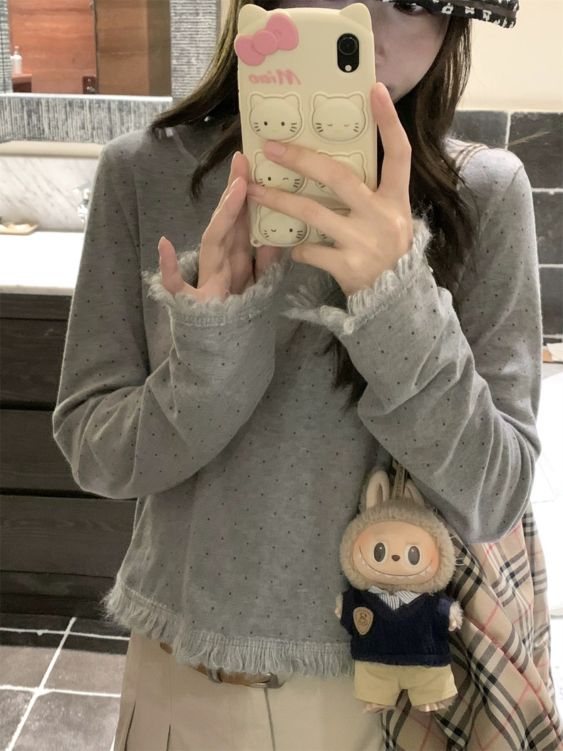 奶油椰子灰波点毛线花边蝴蝶结长袖T恤