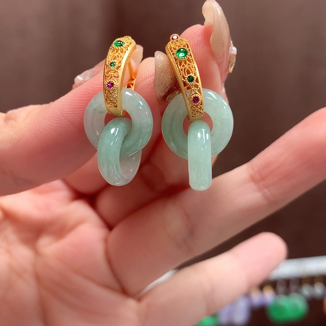翡翠耳饰银S925镶嵌天然翡翠