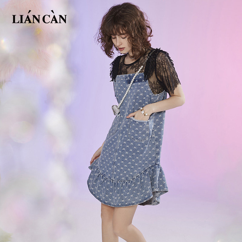 莲灿2024春夏新商场同款网纱绣花牛仔吊带连衣裙背带裙71AN322001