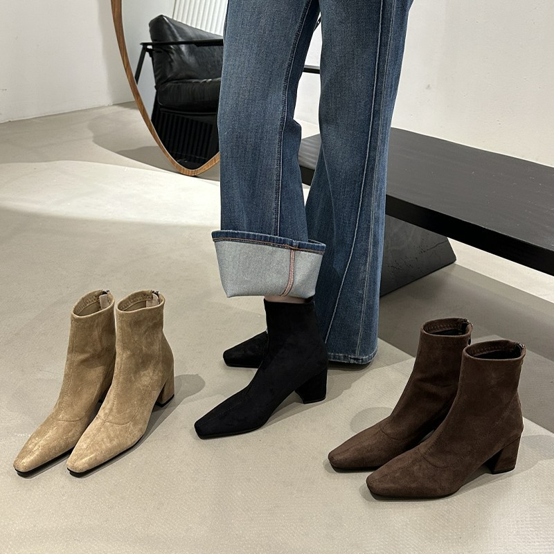 7CM高跟单靴针织瘦瘦靴显瘦方头袜靴秋季粗跟耐磨秋冬