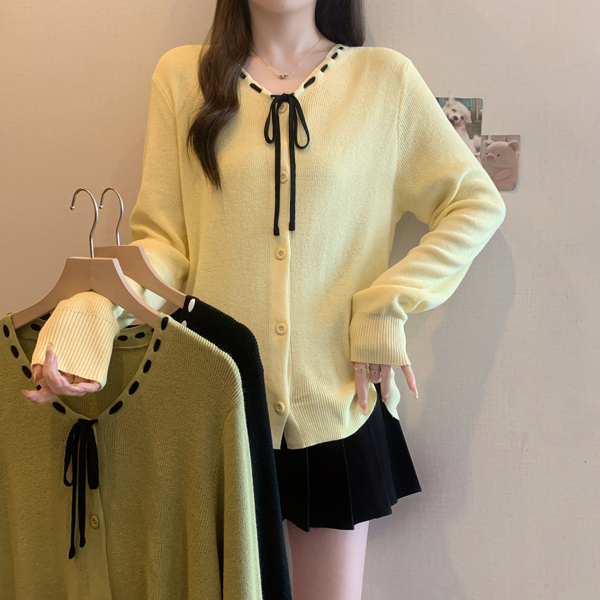 大码女装2025春季氛围感撞色蝴蝶结针织衫法式温柔风上衣69311