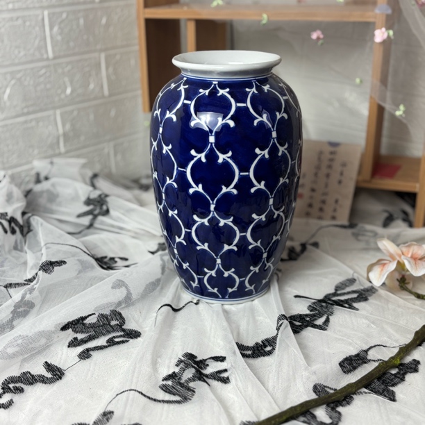 蓝底中式陶瓷花瓶可水培绿植鲜花 陶瓷花瓶摆件饰品 客厅摆件
