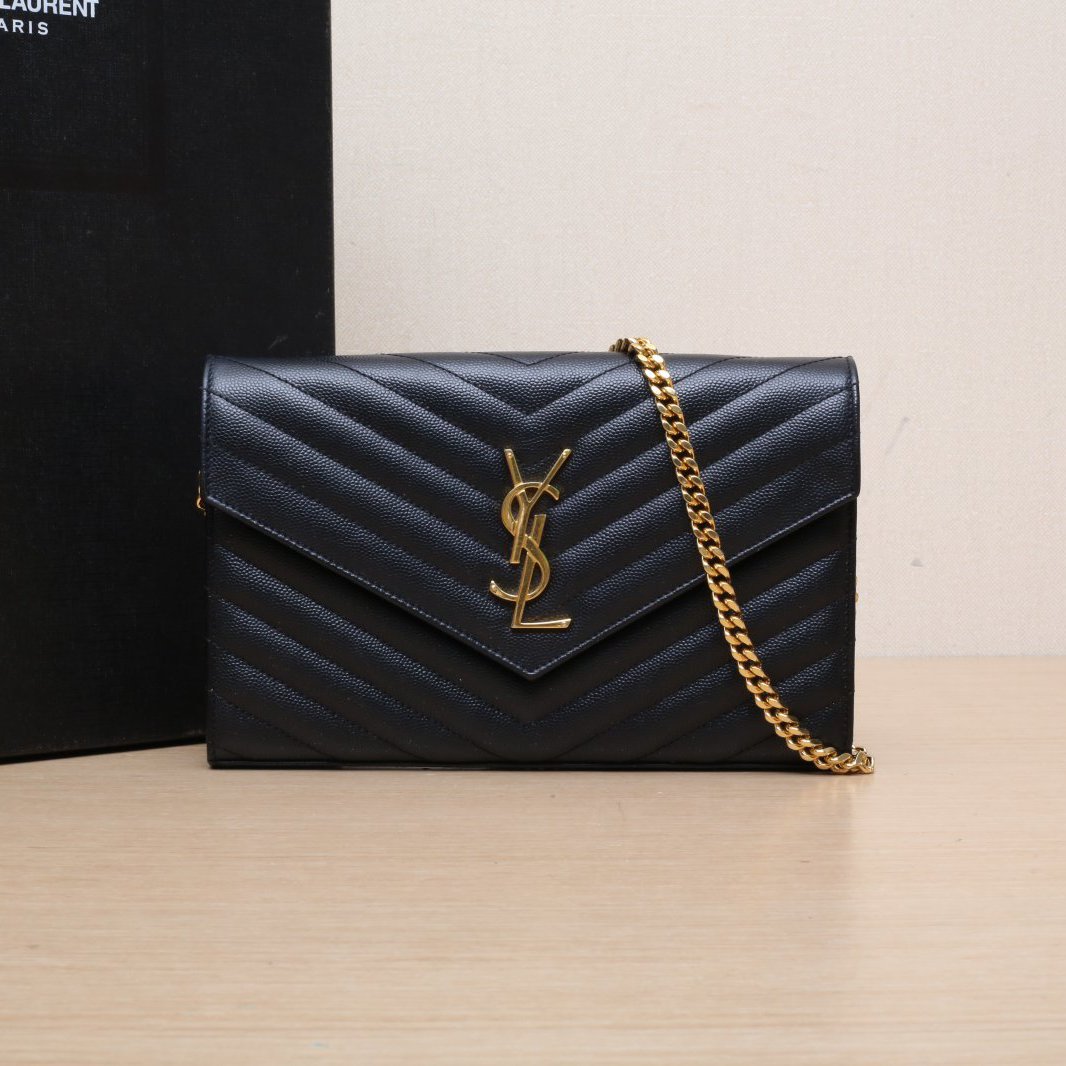 95新 YSL/圣罗兰 小花攀攀WOC 人字纹 信封 链条包黑色