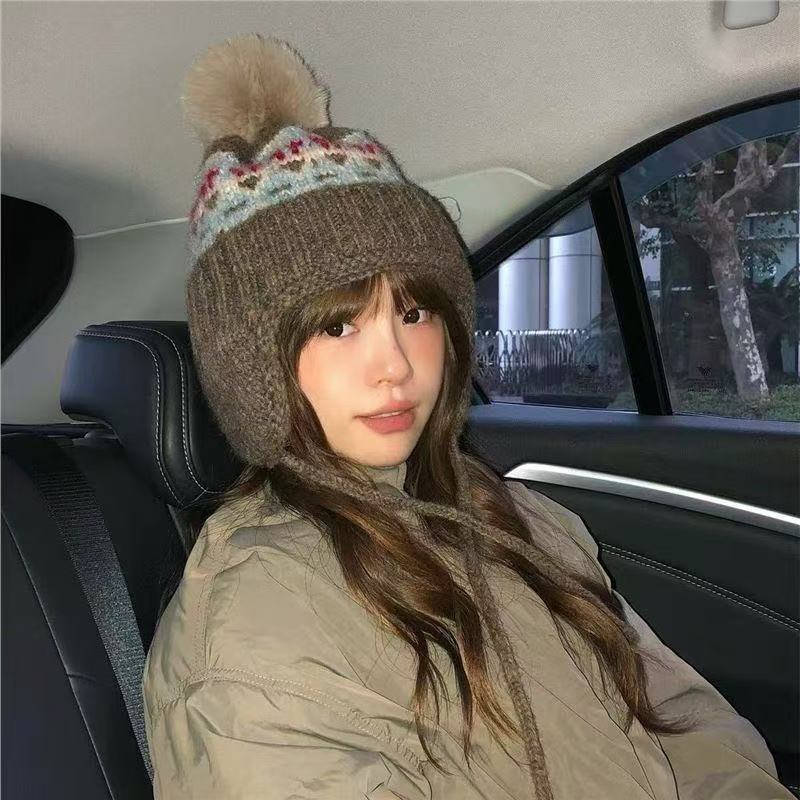 费尔岛复古毛球针织帽秋冬加厚保暖护耳帽可爱毛线帽头饰毛绒帽子