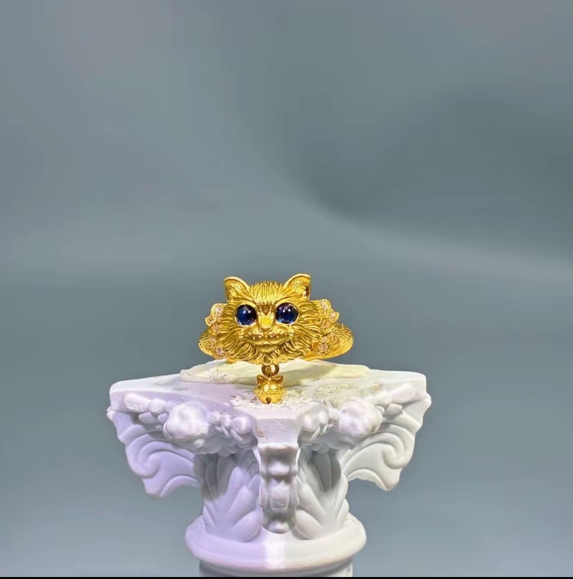 足金999黄金实心戒指古法镶嵌高定系列-波斯猫戒指开口可调节