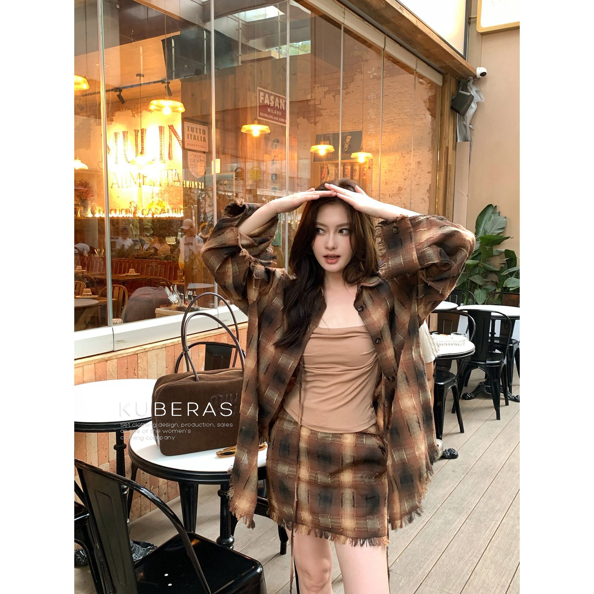 KUBERAS 复古休闲宽松毛边撞色格子棉衬衫上衣高腰短裙裤短裙套装