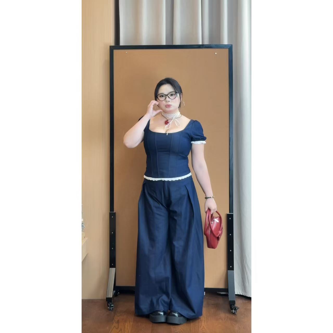 【啵啵】夏季复古纯欲仿牛仔收腰显瘦短袖上衣+休闲裤两件套装