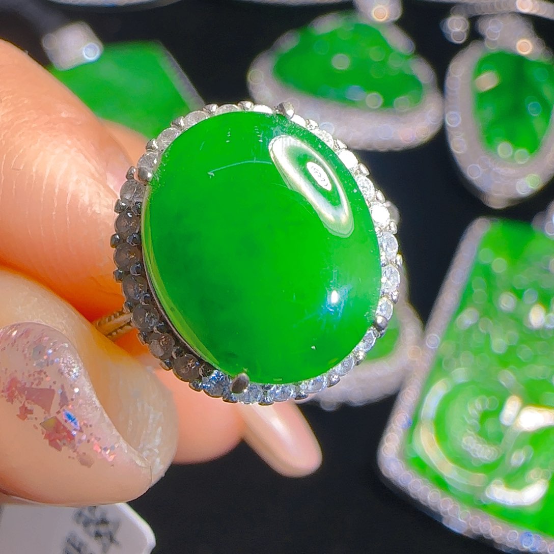 翡翠戒指银S925镶嵌天然