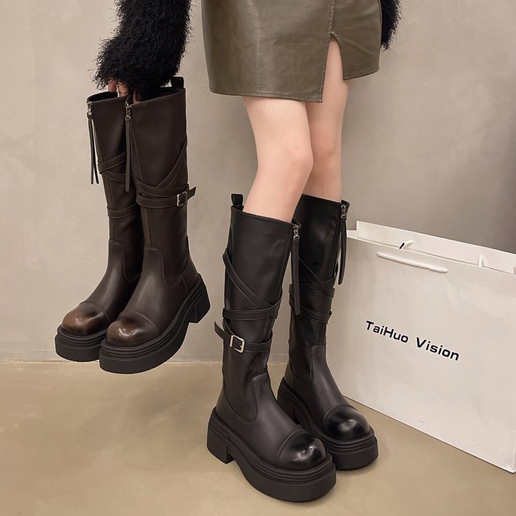 女靴MM长筒靴骑士靴厚底2025秋季新款靴子百搭骑士靴松糕棕色长筒