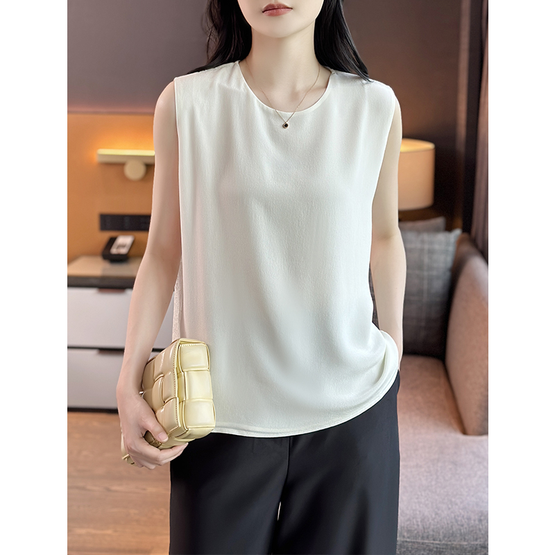 左左家 极简高级~性感美背蕾丝拼接气质圆领无袖双层真丝背心上衣