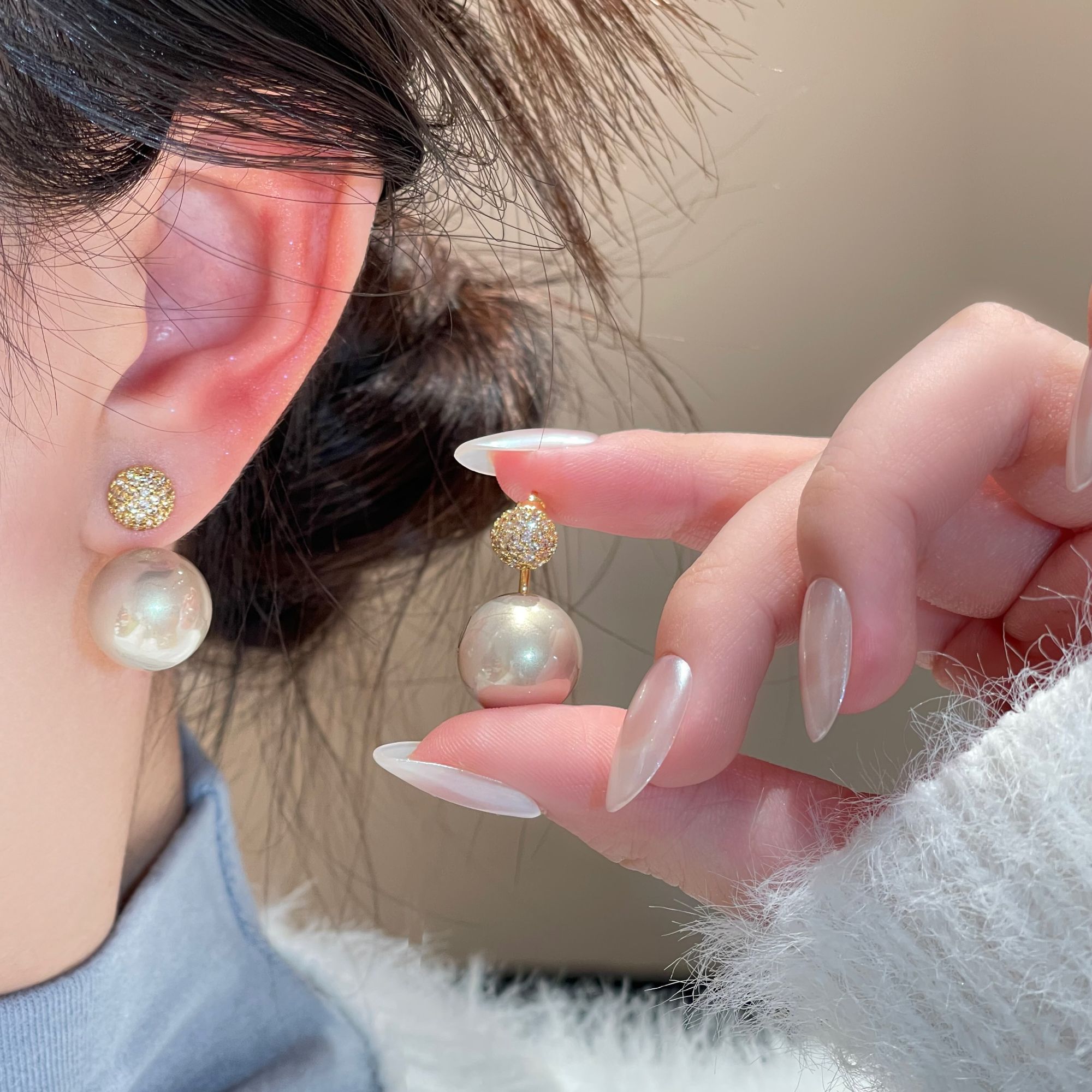 铜合金耳饰 时尚两戴百搭耳钉气质珠珠微镶耳饰R-1979