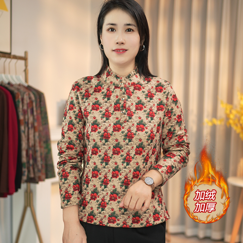 新款秋冬季双面绒洋气中老年打底衫女保暖衣花边领妈妈装上衣