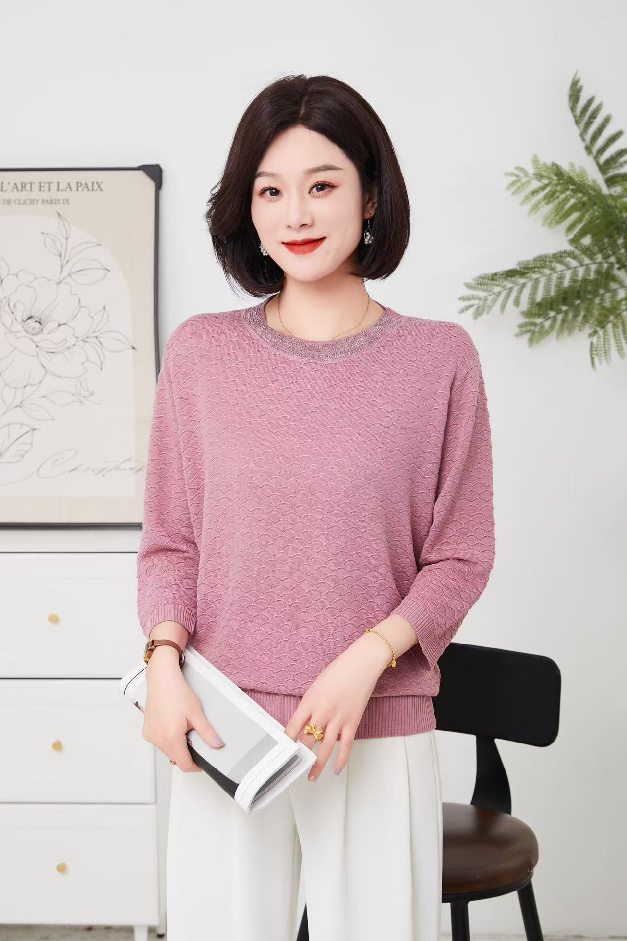 中年妈妈针织衫七分袖遮肚大码t恤打底上衣