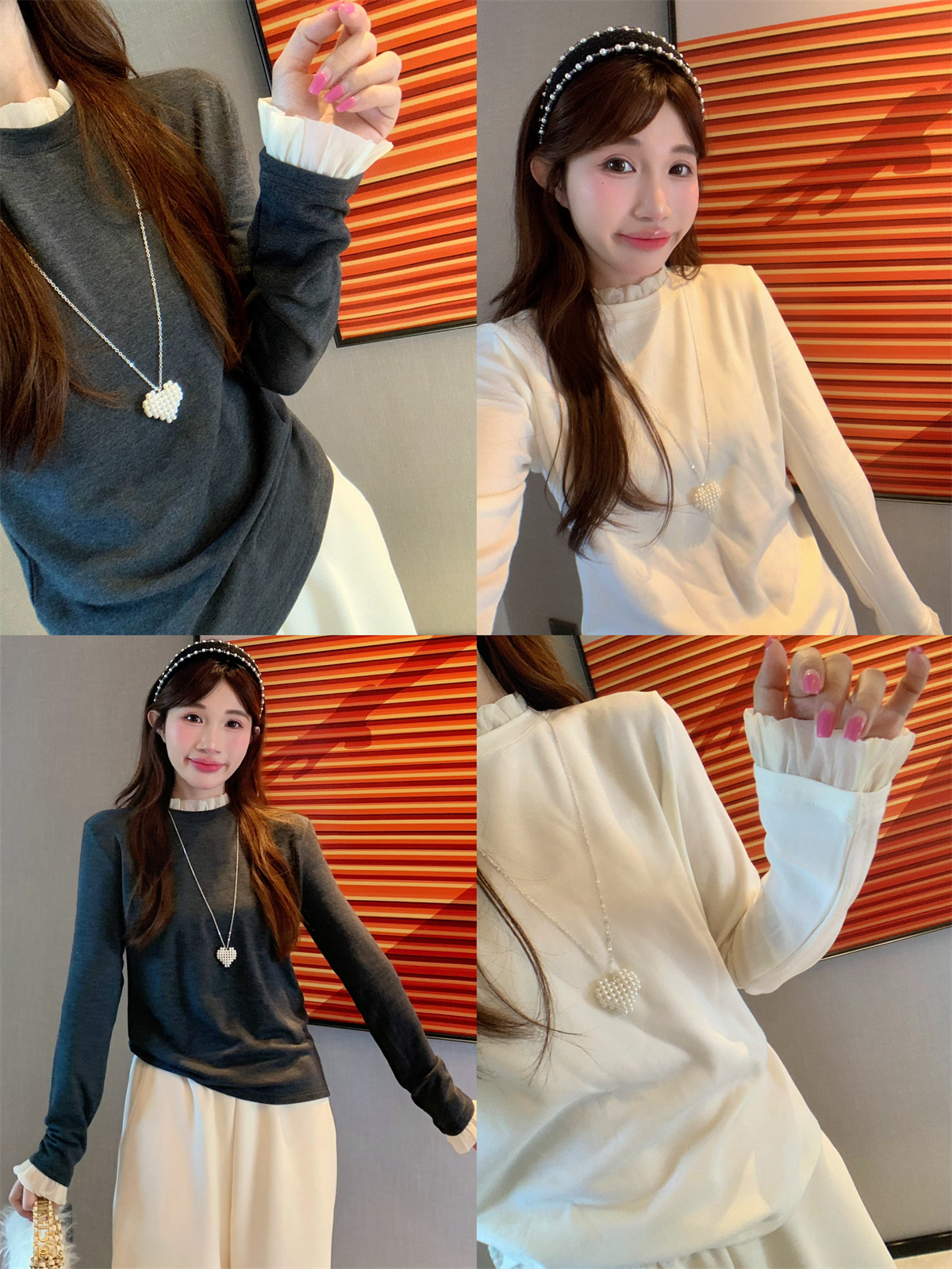 JENNIFER JXLIU韩版 冬～立领花边喇叭袖修身弹力磨毛棉打底衫上衣