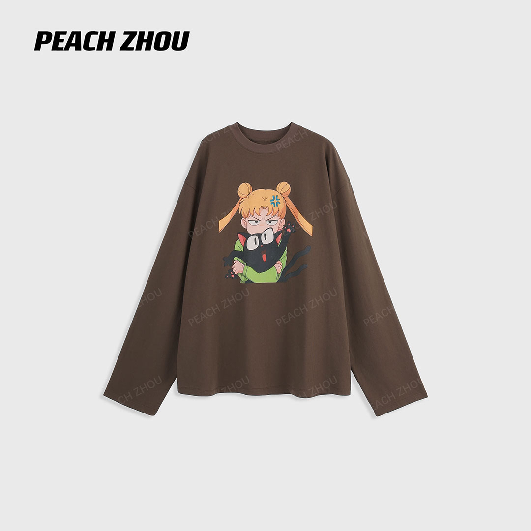 『PEACHZHOU』插画卡通印花落肩宽松圆领长袖休闲趣味减龄中性T恤