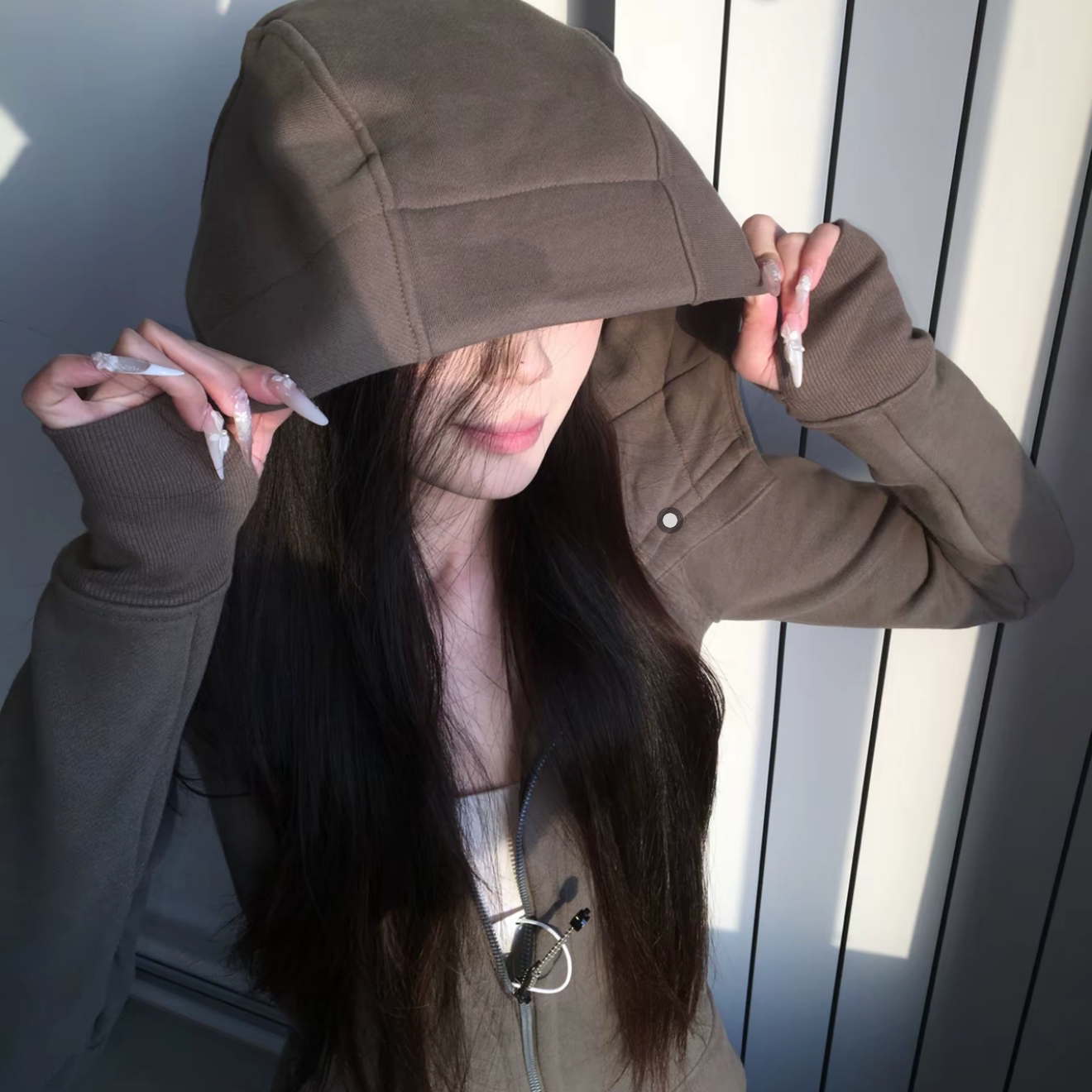 修身连帽长袖拉链外套薄绒