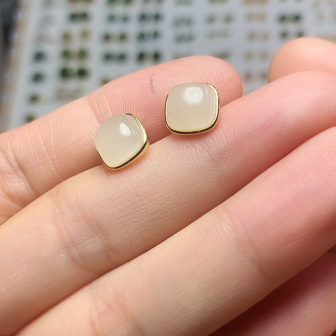 银S925镀金镶嵌和田玉（白玉）耳饰