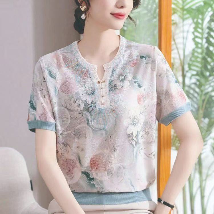 优-妈妈针织衫时尚减龄短袖上衣大丽花领口带钻上衣2540