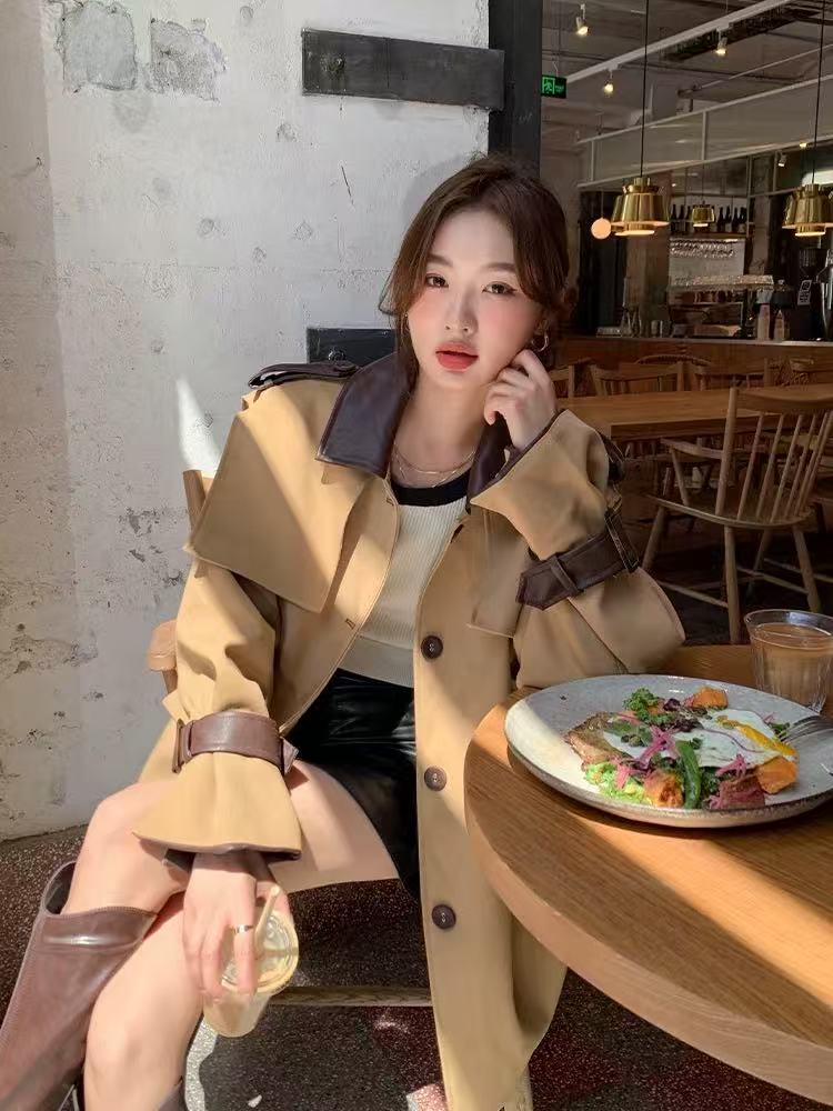 卡其色风衣外套秋冬可拆卸撞色PU皮拼接休闲宽松中长款