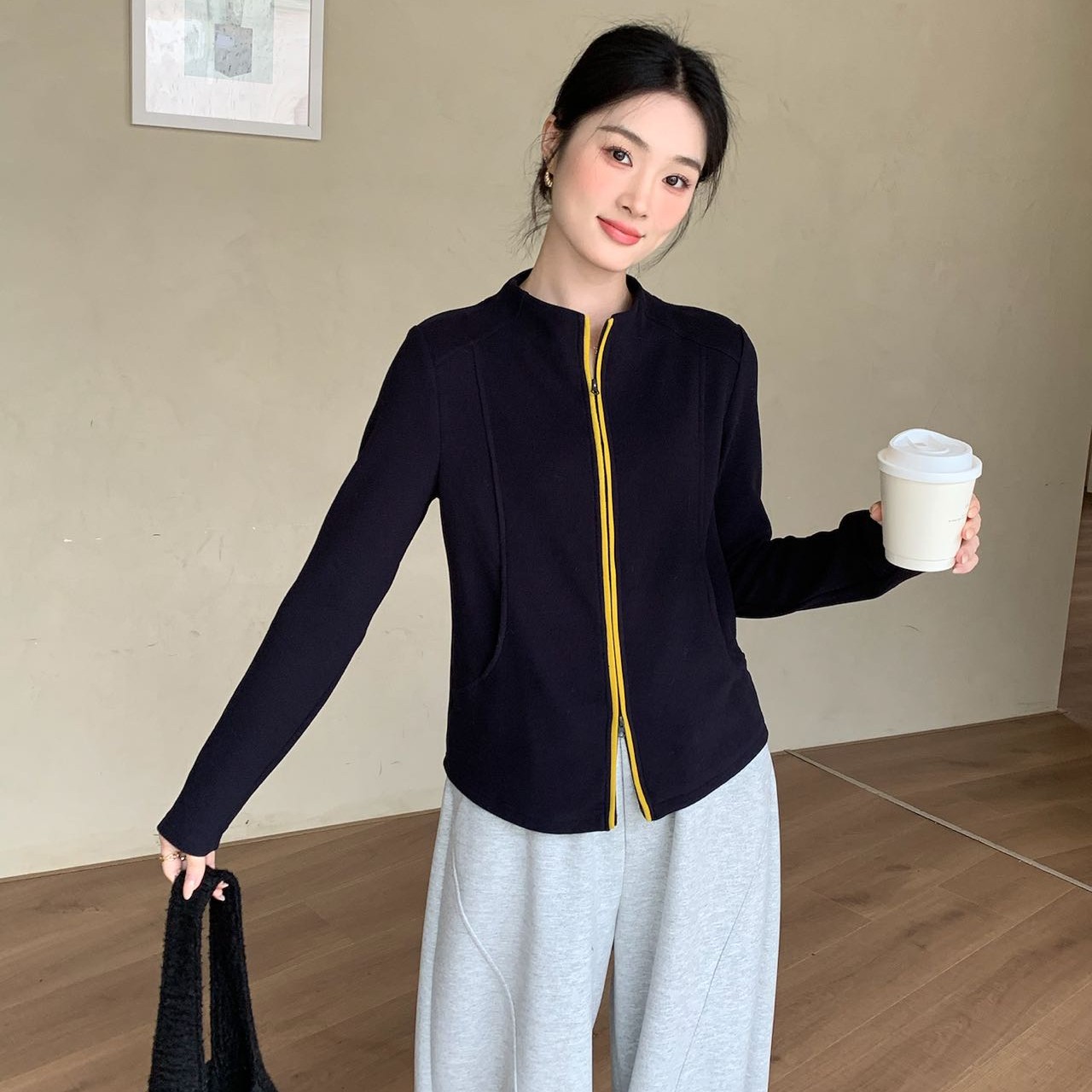 时尚百搭立领撞色瑜伽拉链加绒打底