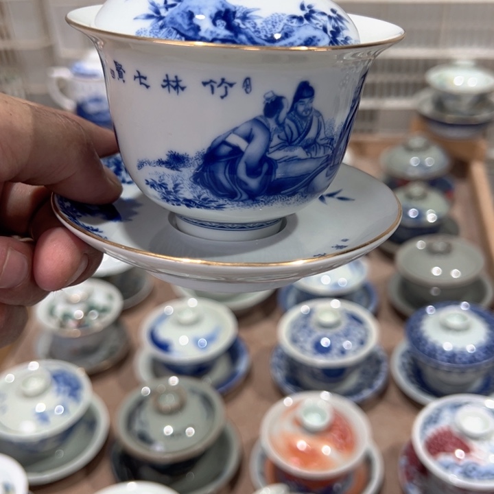 瓷片白青花竹林七贤成香盖碗微