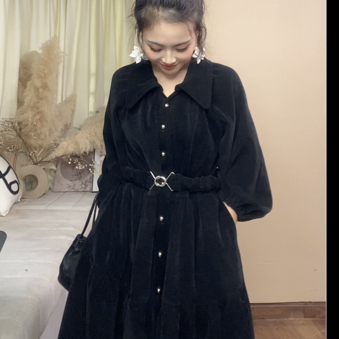 柚兮原创小众设计～高级感黑色连衣裙显瘦微胖小个子长裙(100cm)