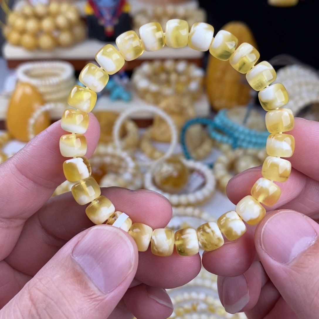 用***9蜜蜡未镶嵌手链金瓷白妖花8mm