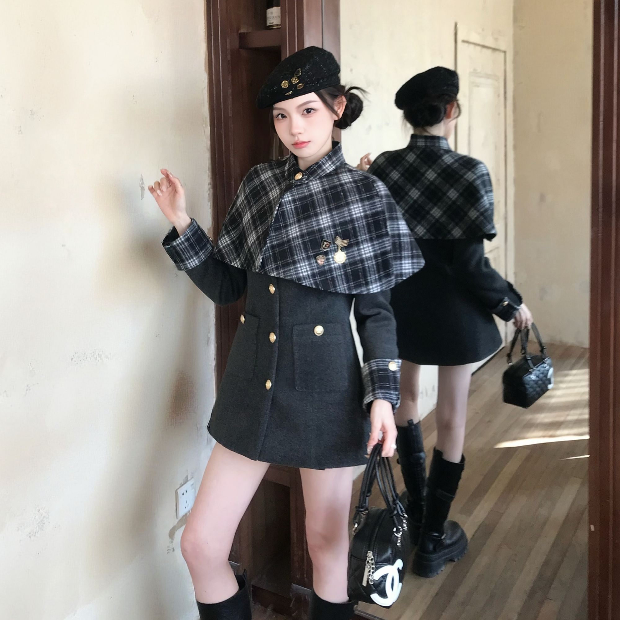 【冬装上新】冬季时尚设计感复古格纹可拆卸披肩微收腰显瘦女连衣裙
