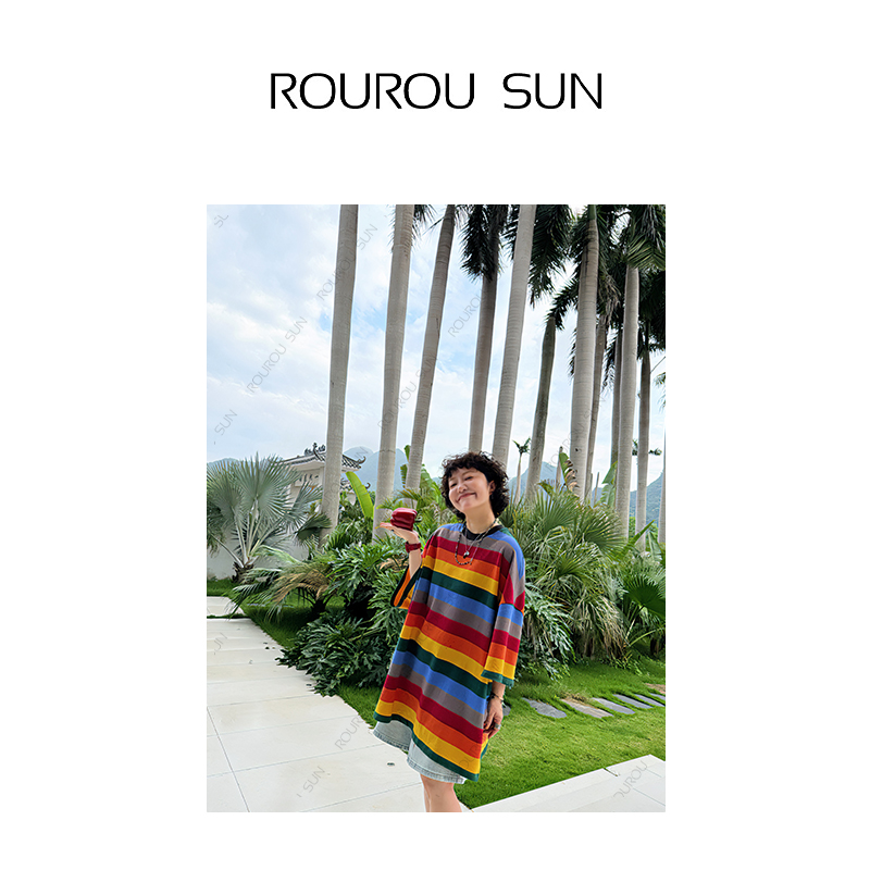 23070日系复古圆领条纹T恤女设计感休闲慵懒风宽松短袖百搭上衣