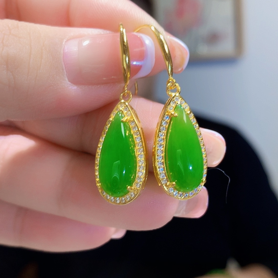 和田玉（碧玉）耳饰银S925镀金镶嵌