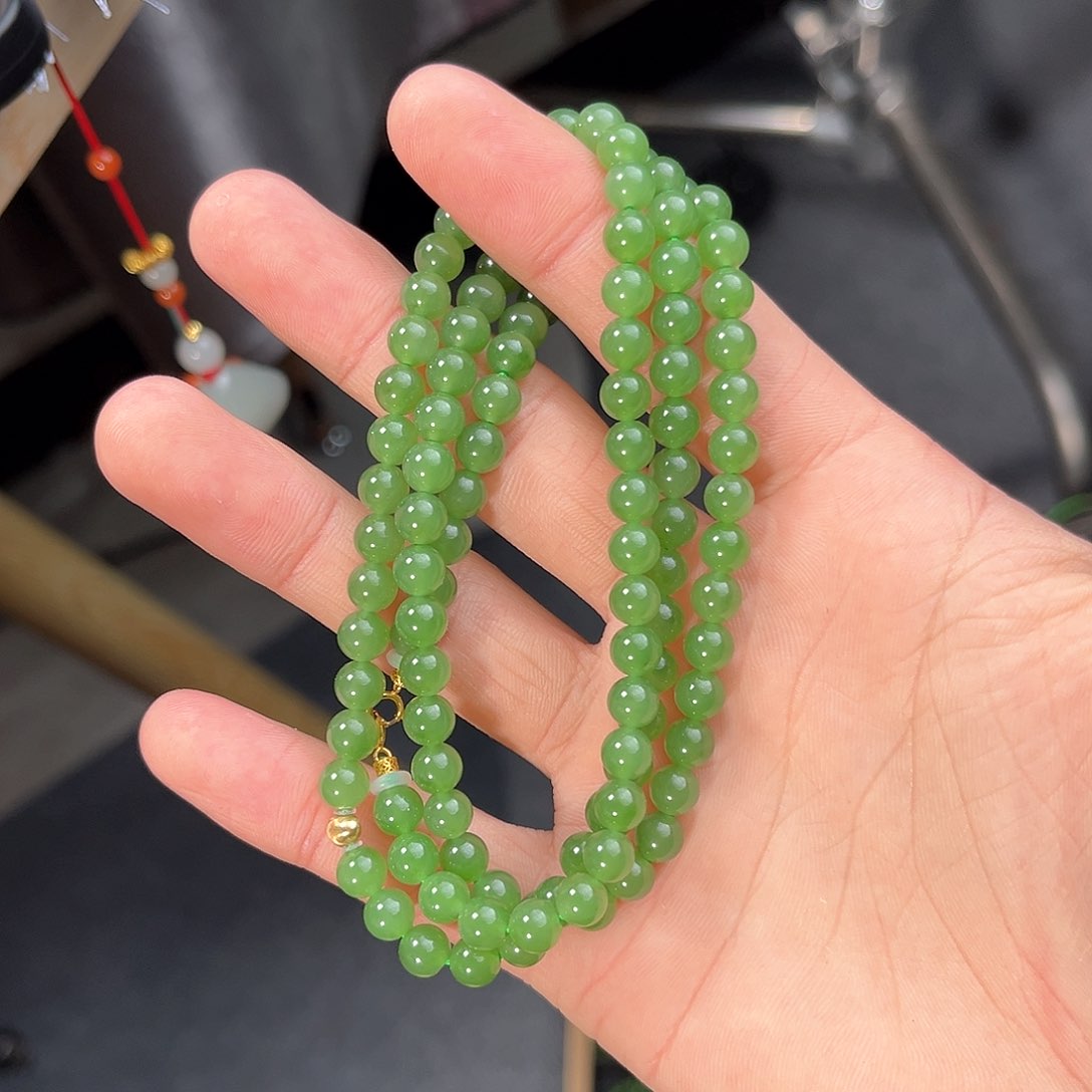 和田玉项链18K金镶嵌碧玉乌兰海苹果绿无矿点