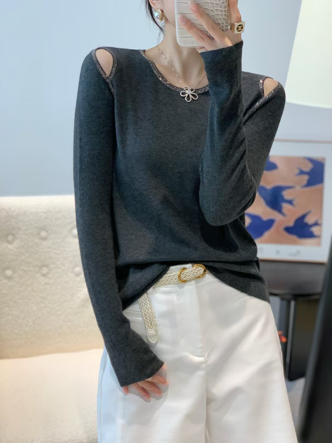 欧货圆领重工烫钻露肩长袖针织衫女2025秋季新款修身显瘦百搭上衣