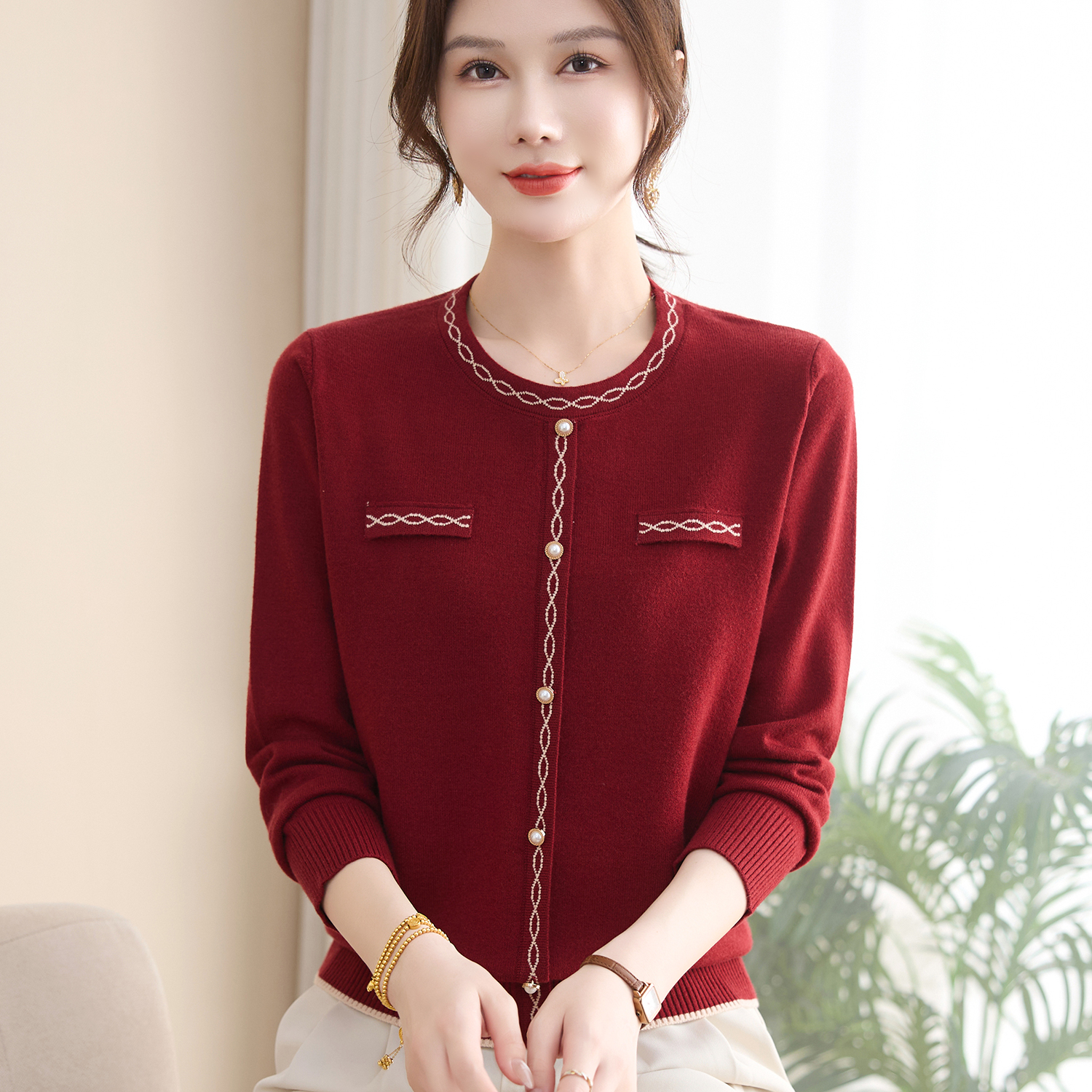 中年妈妈秋装时尚小香风上衣服新款洋气中老年女装春秋针织打底衫