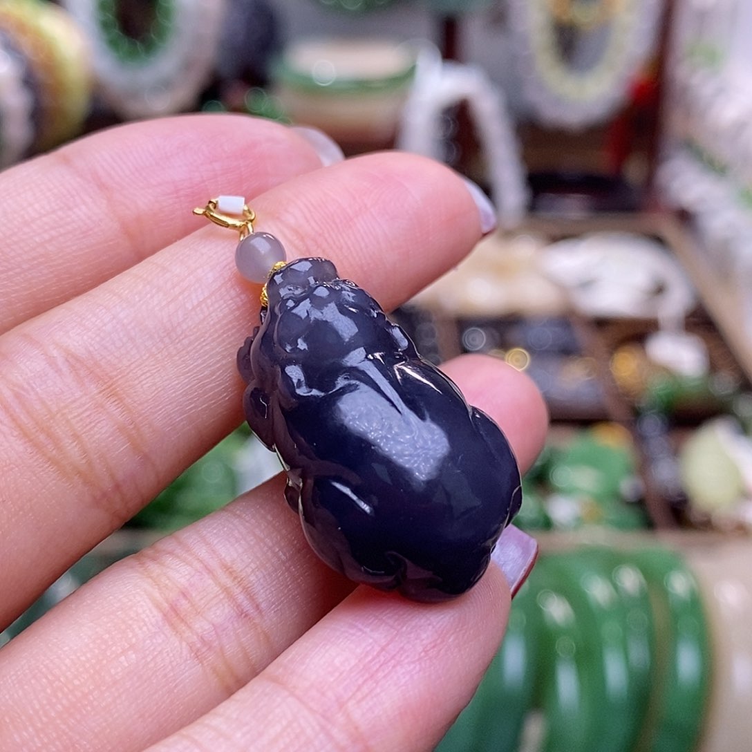 和田玉未镶嵌毕业级老矿料冰烟紫帝王紫金镶貔貅