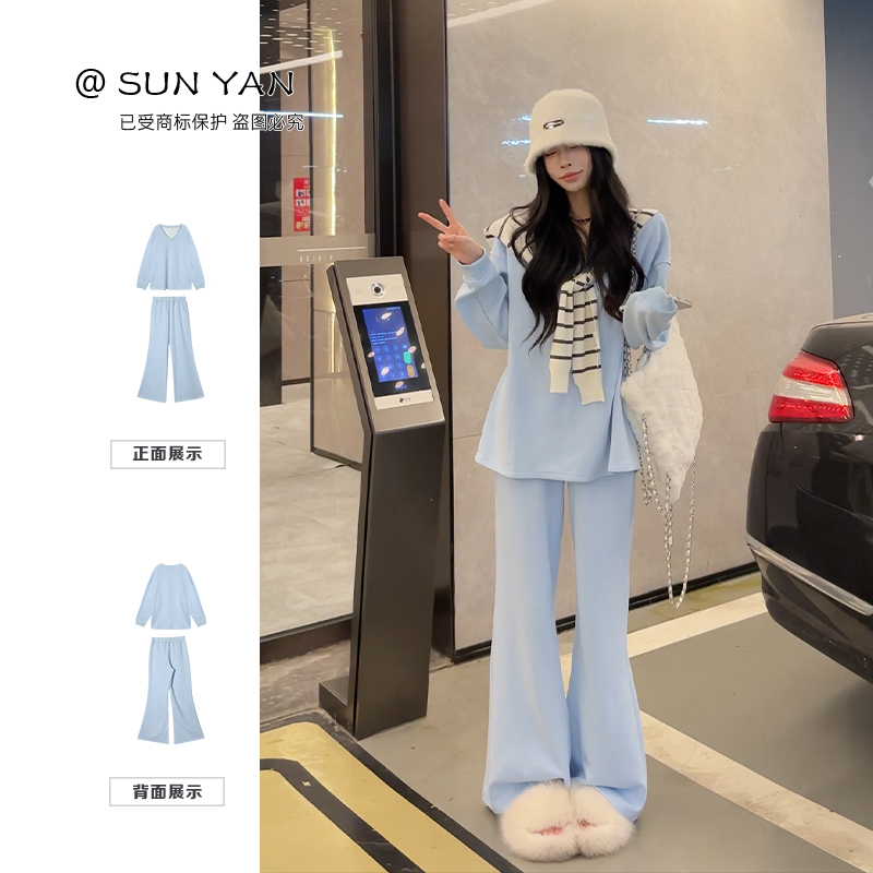 孙妍秋款【尼斯蓝岸】时尚慵懒风V领宽松休闲卫衣+松紧腰长裤两件套