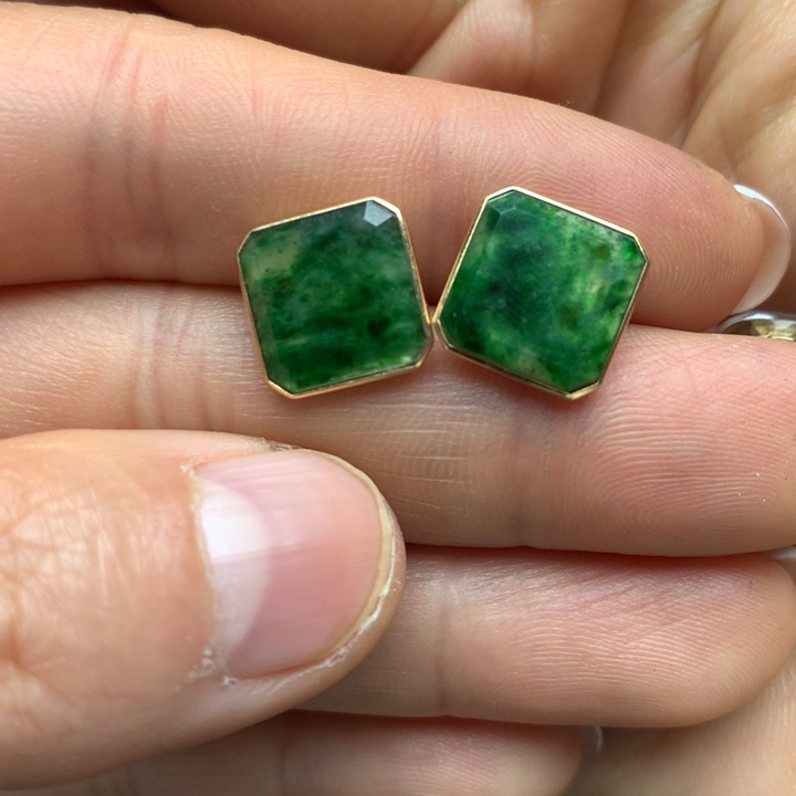 翡翠耳饰18K金镶嵌绿翡翠耳钉方块cym0100006