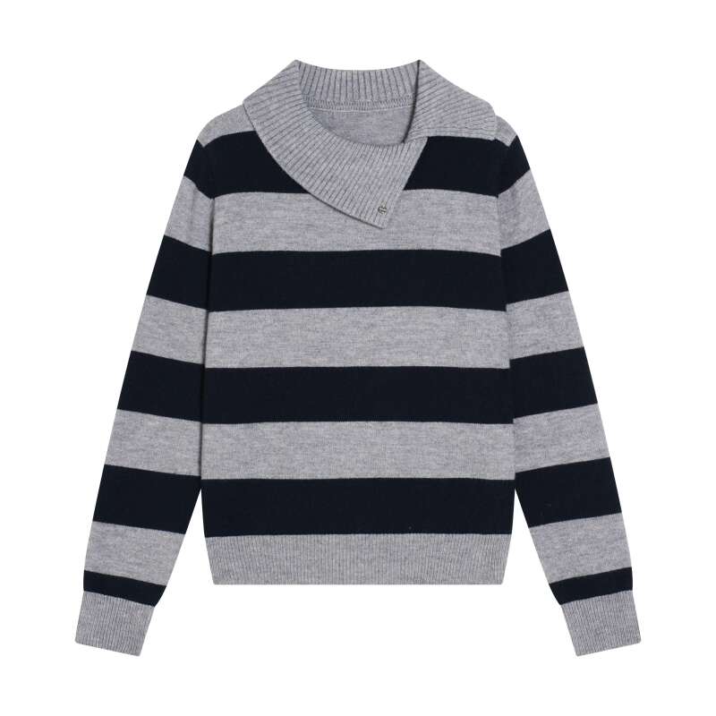 A-1422-海军蓝条纹宽松显瘦慵懒风春秋季新款针织衫