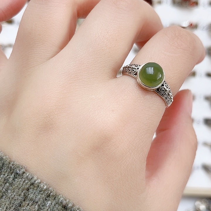 和田玉戒指银S925镶嵌天然