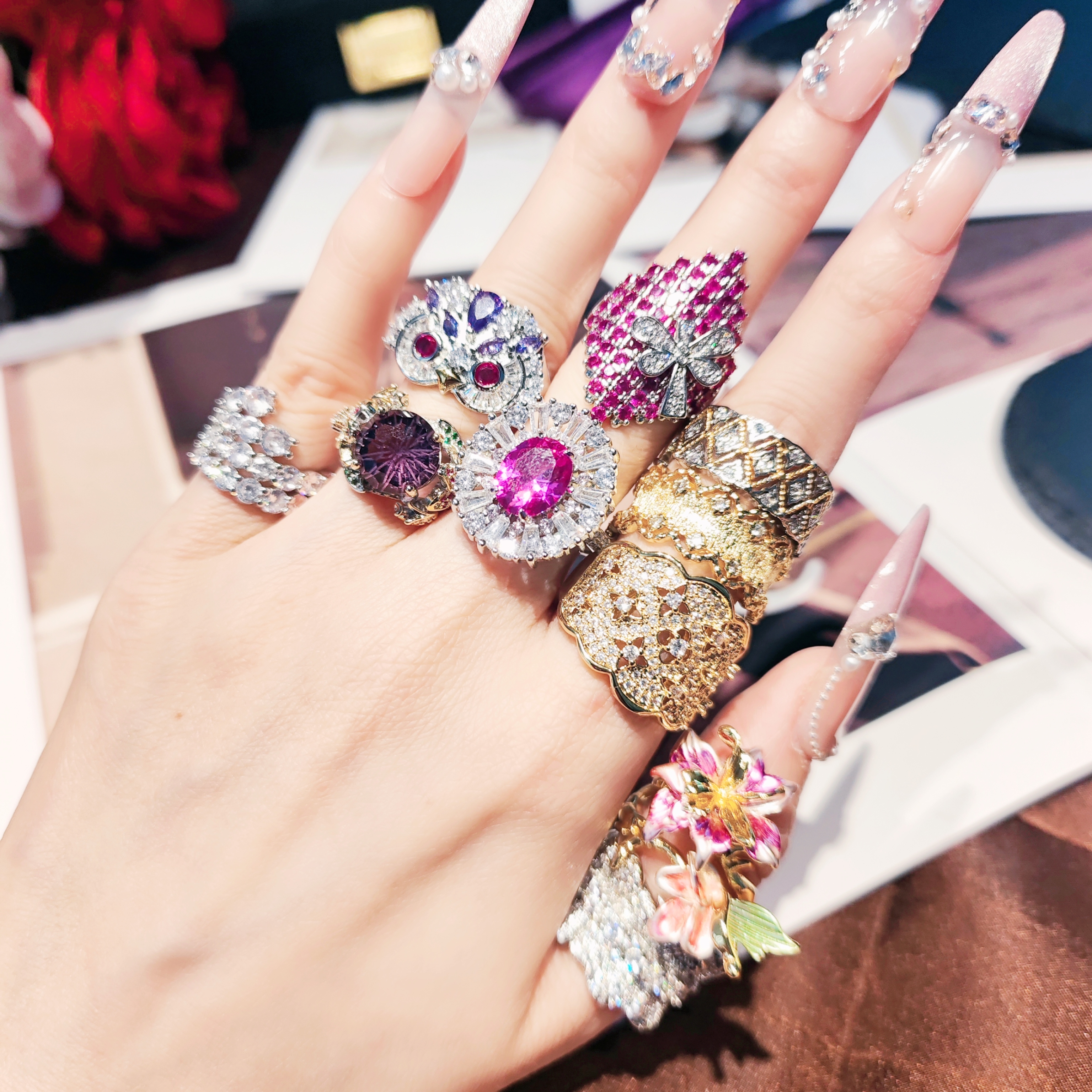 铜合金合成锆石戒指 1小众复古时尚轻奢百搭气质设计开口戒指环